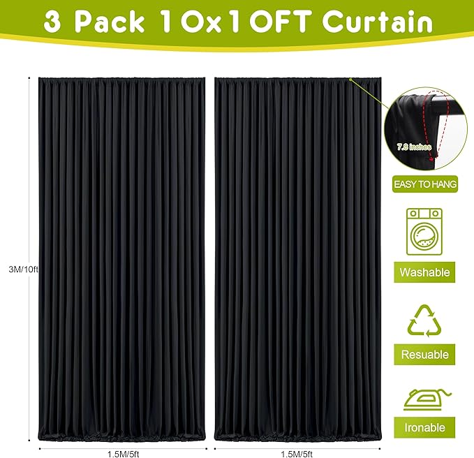 Wokceer Black Backdrop Curtain for Wedding Parties 3 Pack 10x10FT Wedding Curtains Photo Backdrop Drapes Polyester for Photoshoot Baby Shower Birthday Party Curtains Background 6 Panels 5x10FT