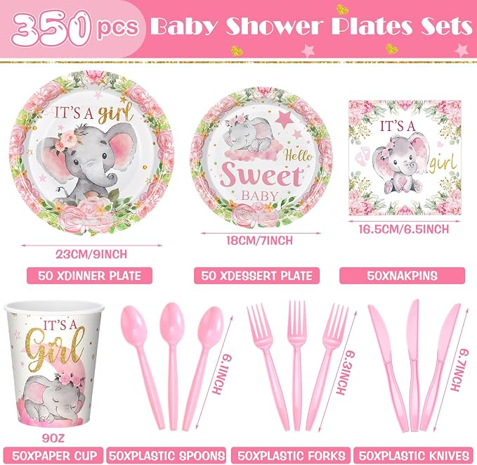 405 Pcs Pink Elephant Style Baby Shower Decorations for Girl, It's a Girl Tableware Set Baby Shower Plates Napkins Cup Cutlery, Pink Elephant Party Supplies with Tablecloth, Serves 50 Guests