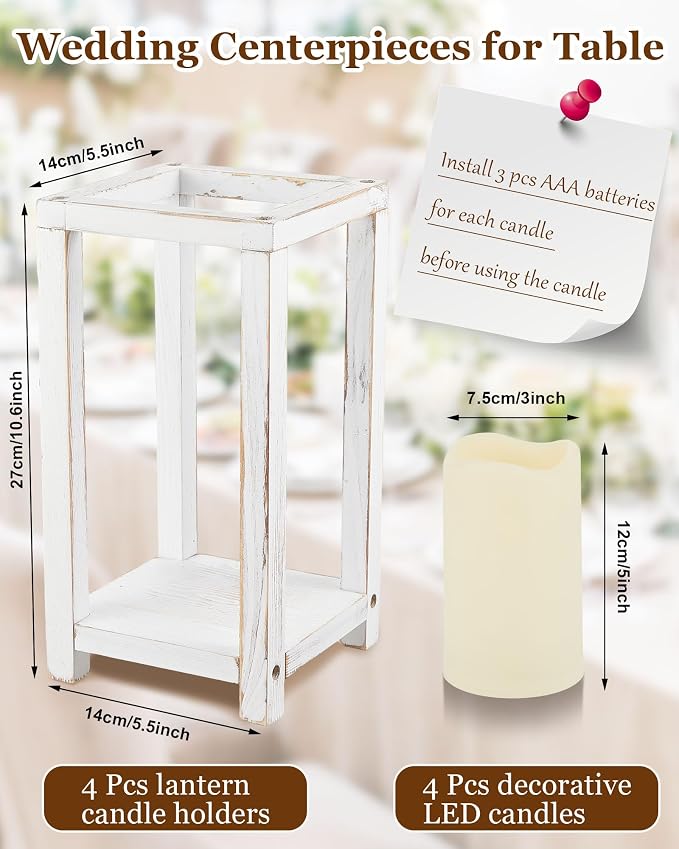 Huquary 8 Pcs Wooden Wedding Lantern Centerpiece for Table Decoration Includes 4 Farmhouse Candle Holder and 4 Flameless Decorative LED Candles for Rustic Home Wedding Decor(White)