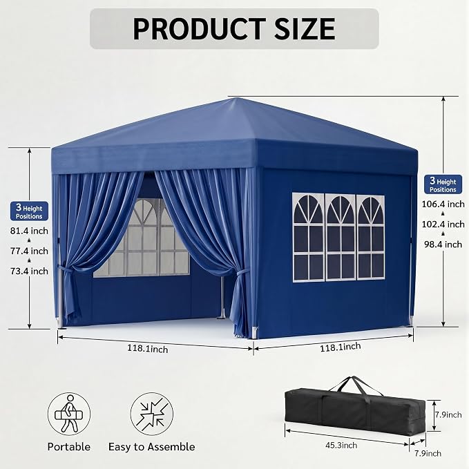 KIGOTY 10x10 FT Portable Pop Up Canopy Tent, Adjustable Height Instant Gazebo with Sidewalls, One-Push Setup Outdoor Canopy for Camping, Parties, Vendor Events (Blue, 3m × 3m)