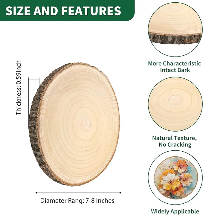 8 Pack 7-8 Inch Wood Slices for Centerpieces, Unfinished Wood Centerpieces for Tables,Wooden Discs with Tree Bark Round Wood Circle Sign Crafts for Wedding, DIY Project, Decorations