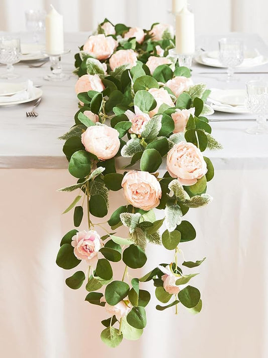MISSPIN 2pcs Artificial Flowers Garland Spring Eucalyptus Garland Vintage Fake Flower Peony Rose Vine Greenery Decorative Wall Hanging Plant for Wedding Arch Door Arrangement Party Decor (Pink,2)