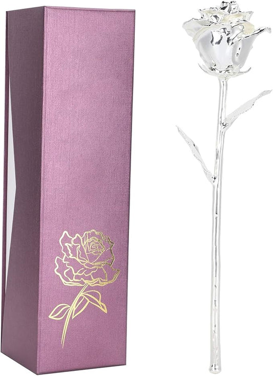 25th Anniversary Silver Rose, 24K Gold Dipped Flower Long Stem Forever Preserved Eternal Rose Present for Her Wife Mom, Birthday Valentine's Day Wedding