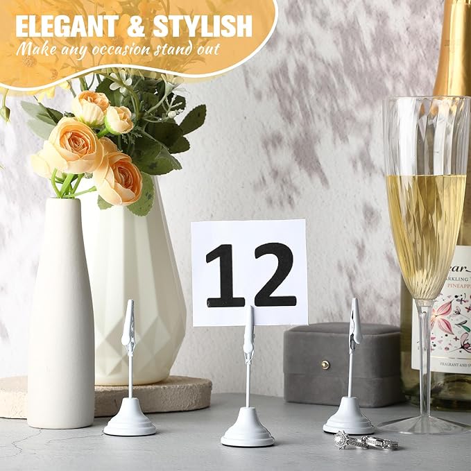 Skyygemm 12 Pcs Table Number Holders 3 Inch Place Card Holder with Alligator Clip Metal Place Card Stands Table Sign for Photos, Food Signs, Birthdays, Weddings (White)