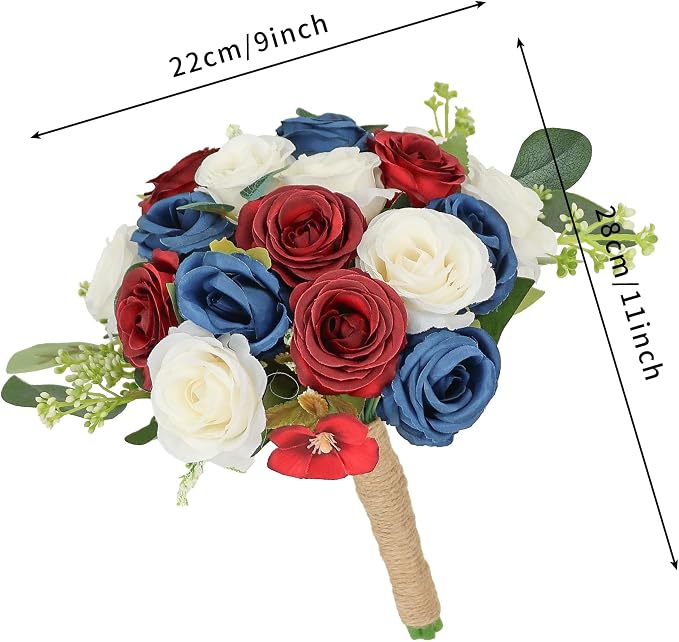 Set of 6 Bridesmaid Bouquets for Wedding - 7 Inch Artificial Ivory Flower Bouquet for Party Ceremony Anniversary Dinning Table Centerpieces Decor - Red & Blue & White