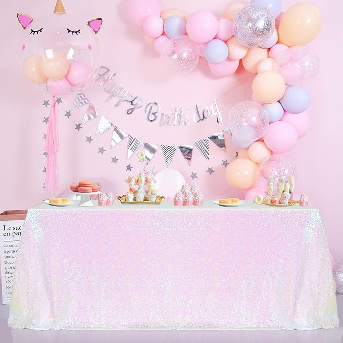 B-COOL Sequin Tablecloth White Iridescent Table Overlay Rainbow Table Cloths 90x132inch Seamless Tablecloth Sparkly Wedding Party Decorations