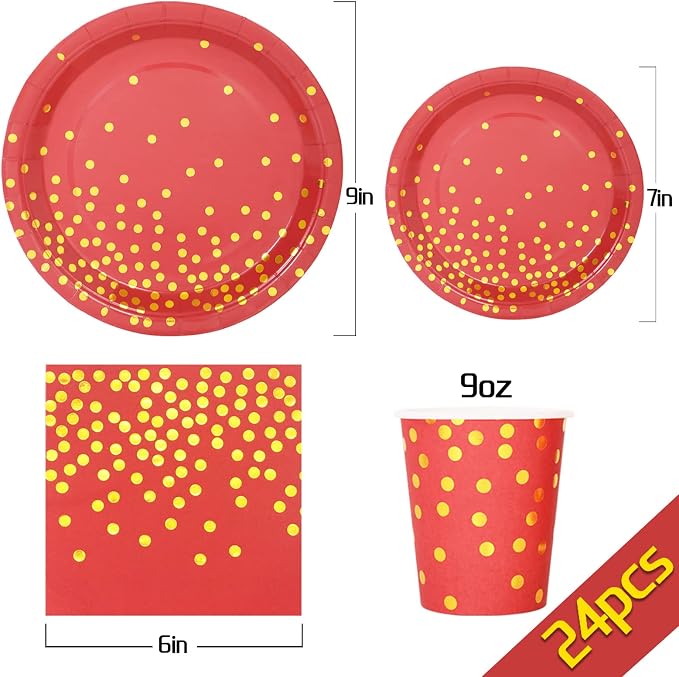 168Pcs Red and Gold Party Decorations, Red Plates and Napkins Party Supplies Serve 24, for Birthday Chinese New Year, Valentines, Mardi Gras