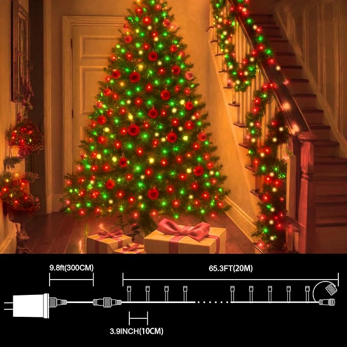 LAMPHOME 66FT 200 LED Christmas String Lights, Red Green & Warm White Fairy Lights, 16 Lighting Modes Plug in Waterproof Mini Lights, Indoor Outdoor Xmas Tree Garden Patio Wedding Party Bedroom Decor