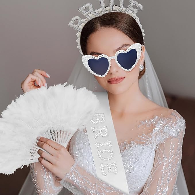 Cinrobiye 6 Pcs Bride to Be Gift Set, Bachelorette Party Accessories, Bridal Shower Veil Crown Sash Sunglasses Set, Bride to Be Tiara & Photo Booth Props Wedding Party Decorations