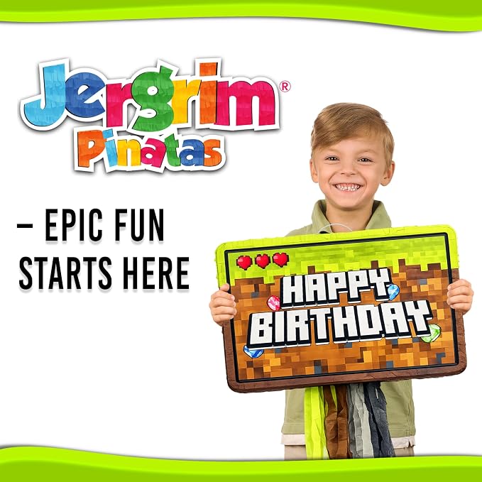 Jergrim Mining Pixel Pinata 4 Piece Set, Perfect For Happy Birthday Decorations, 16"x11" Piñata Level Up, Gaming & Video Game Celebrations For Boys, Fits Party Favors & Candy