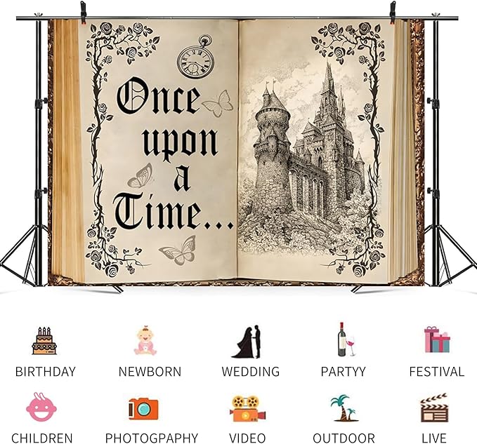 12x10ft Once Upon a Time Backdrop Fairy Tale Books Castle Princess Photography Background Once Upon a Time Birthday Baby Shower Decoration Storybook Wedding Party Banner