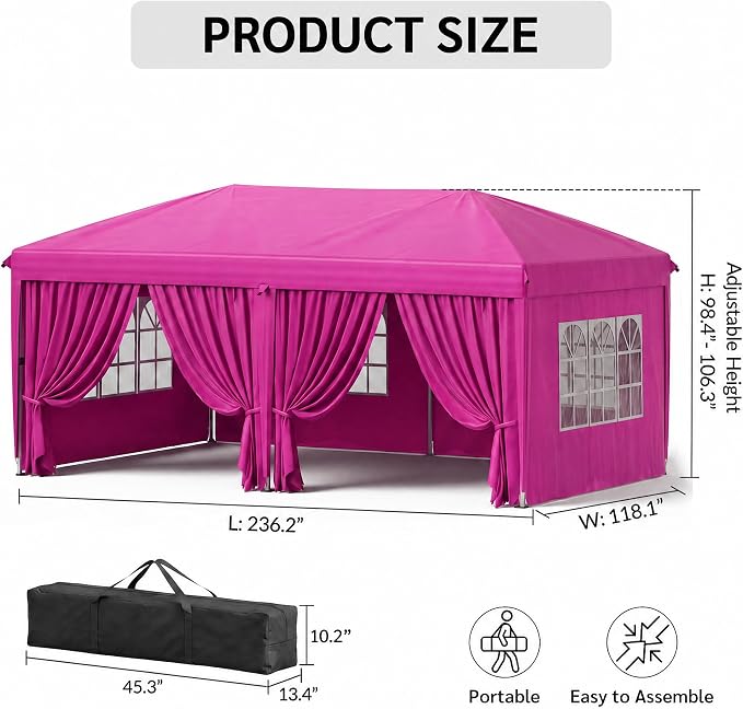 KIGOTY 10x20 FT Portable Pop Up Canopy Tent, Adjustable Height Instant Gazebo with Sidewalls, Sandbags, Waterproof Outdoor Canopy for Camping, Parties, Vendor Events (Pink, 3m × 6m with sidewalls)