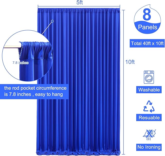 8 Panels Royal Blue Backdrop Curtain for Wedding Parties Wrinkle Free Blue Photo Curtains Backdrop Drapes Fabric Decoration for Birthday Party Baby Shower 40ft(W) x 10ft(H)