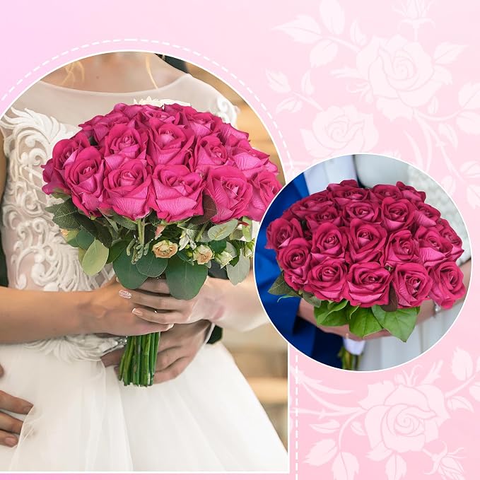 90pcs Fake Hot Pink Roses Artificial Flowers Bulk Realistic Silk Faux Rose with Stems for Wedding Decoration Anniversary Bridal Bouquet DIY Floral Arrangement Romantic Home Decor Gifts