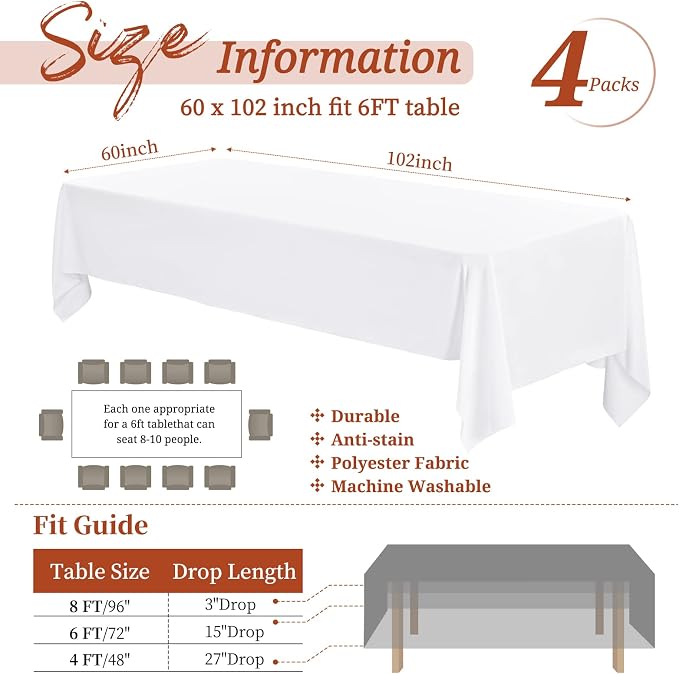 Showgeous 4 Pack White Rectangle Tablecloth, 60 x 102 Inch, Wrinkle Resistant Polyester Table Cover for Wedding, Dining, Parties & Camping