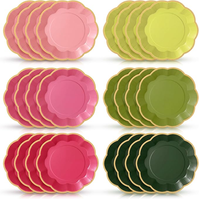 72 Pcs Pink and Green Paper Plates 9 Inch Pink and Green Guava Gradient Scalloped Paper Disposable Dinner Dessert Plates for Summer Birthday Wedding Bridal Party Supplies, 6 Colors