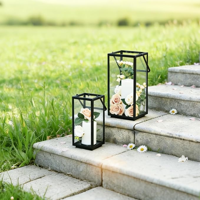 Lantern Decorative Outdoor & Indoor, 14.3'' & 11''H Metal Candle Lanterns Decor, Vintage Hanging Candle Holder for Front Porch Patio Wedding Farmhouse Home, Spring Decoration