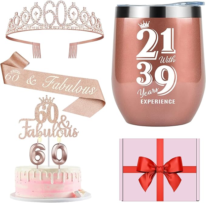 60th Birthday Decorations Gifts for Women Including Crown, Sash, Cake Topper, Candles and 12oz Wine or Coffee Tumbler Mug with Lid, Gifts for 60 Year Old Woman