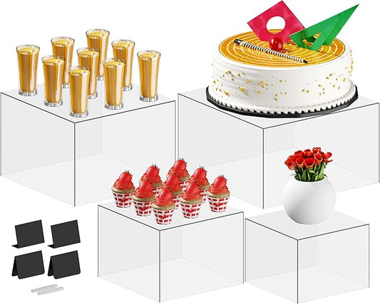 4 PCS 12" to 8" Clear Buffet Risers with Mini Sign and Makers, Large Food Risers for Buffet Table, Display Shelf Stands for Party, Catering, Dessert, Jewelry Collectibles, Nesting Cube Boxes with Hollow Bottoms Set (12",10",9",8")