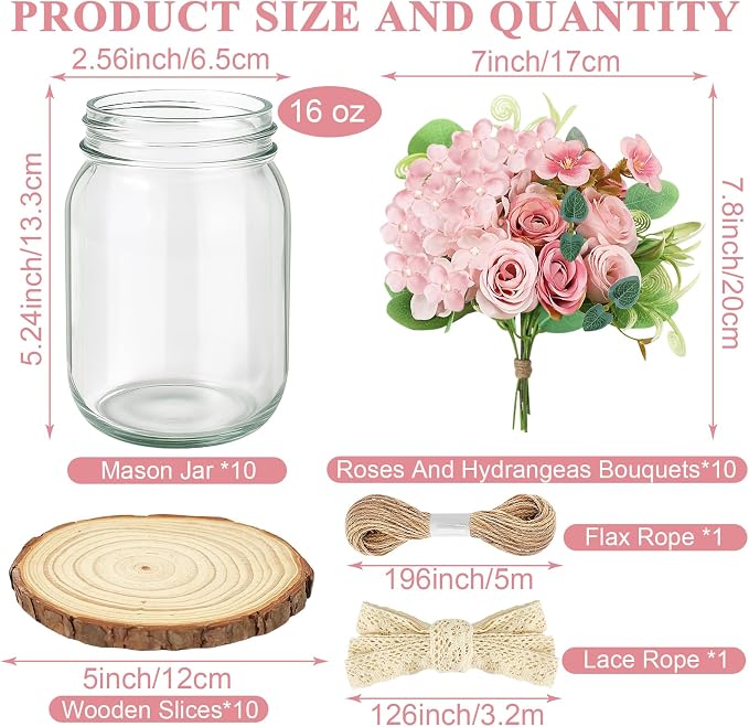 Set 10 Mason Jar Table Centerpiece - Wedding Centerpieces for Tables, Mason Jar Flower Vases Decor- Boho Farmhouse Rustic for Engagement, Bridal Shower, Wedding, Versatile Decor (Pink)