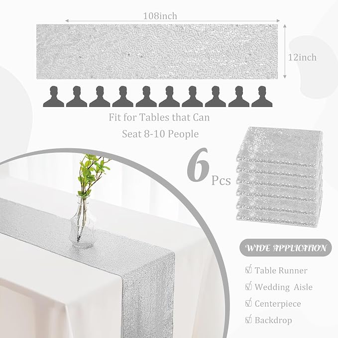 6 Pack Sequin Table Runner 12" x 108" Sparkle Table Runner for Baby Bridal Shower Wedding Birthday Party Table Decor (Silver)