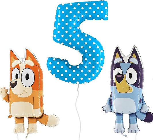 Toyland® Bluey & Bingo Balloon Birthday Pack - 2 x 32" Character Balloons & 1 x 40" Number Balloon - Kids Party Decorations