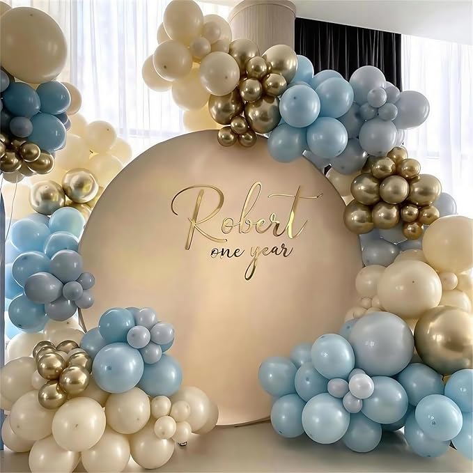 Dusty Blue Balloon Garland Arch Kit, Pastel Slate Baby Blue Ivory White Sand Metallic Gold Latex Balloons for Boy Birthday Baby Bridal Shower Wedding Gender Reveal Party Decorations Supplies