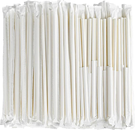 [1000 Counts] White Paper Straws Wrapped Individually for Drinking - 7.75" x0.24" - Restaurant Pack