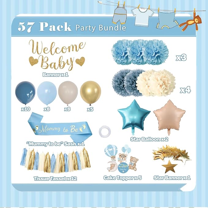 Dusty Blue Baby Shower Decorations, Baby Shower Decorations Set with Welcome Baby Banner, Cake Topper, Paper Pom Poms, Tassels, Sash for Baby Shower Gender Reveal Party Supplies