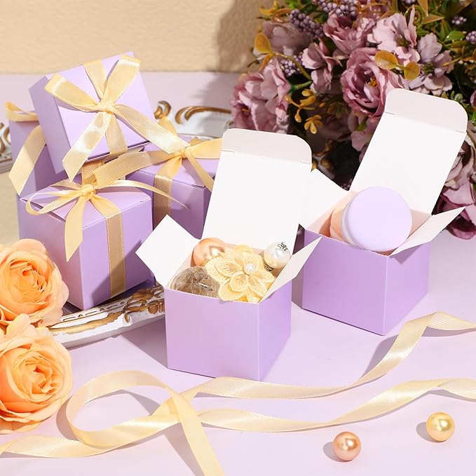 Jutom 100 Pcs Mini Favor Boxes Extra Small Candy Boxes Paper with Gold Ribbon for Baby Shower Birthday Wedding Anniversary Supplies(2 x 2 x 2 Inch,Lavender)