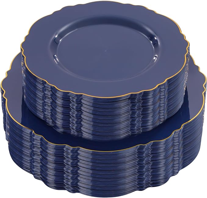 WDF 100pcs Blue Plastic Plates - Baroque Blue&Gold Disposable Plates for Parties/Wedding-50Plastic Dinner Plates 10.25in, 50Salad Plates 7.5in for Party/Birthday/Wedding/Independence Day/Father's Day