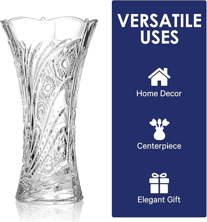 CS Crystal Vase 12-inch high, Sunflower Design, for Flowers & Decor. Lovely Nice Shiny Piece. Perfect as a Gift, Suitable for All Occasions.