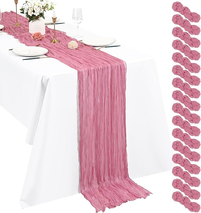 Pesonlook 16 Pack Cheesecloth Table Runner, 10Ft Boho Gauze Table Runner 35×120 Inch Rustic Romantic Long Table Runner for Wedding Party Bridal Shower Thanksgiving Christmas Decoration(Dusty Rose)