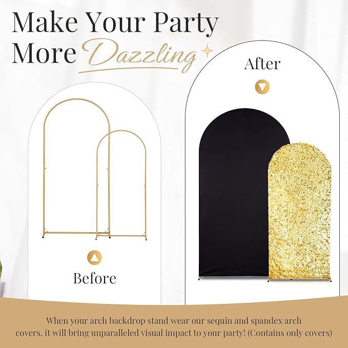 Black and Gold Arch Covers 7.2 and 6FT Sequin Arch Backdrop Cover Set of 2, Spandex Fitted Bling Sequin Arch Stand Covers for Birthday Party Ceremony Baby Shower Banquet Decoration