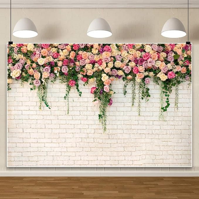 10x8ft Pink Floral Backdrop for Bridal Shower White Wall Photography Background Couple Wedding Party Decorations Bride Engagement Banner Props