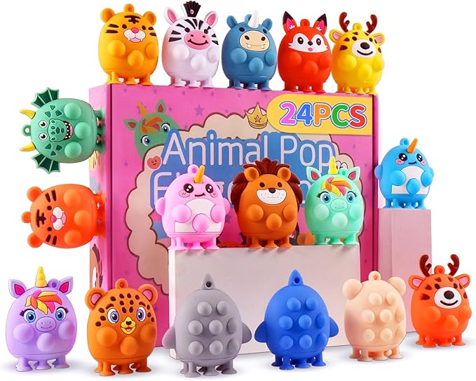 ChildFun 24 PCS Party Favors for Kids, Silicone Animal Pop Fidget Toys with Suction, Birthday Gifts for Boy Girls, Treasure Box Toys, Goodie Bag Stuffers, Prizes for Kids