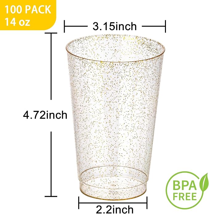 I00000 100 Pack 14 oz Gold Plastic Cups, Disposable Tumblers Gold Glitter Plastic Cups, Disposable Wine Glasses Cocktail Glasses Perfect for Wedding, Mother's Day & Party