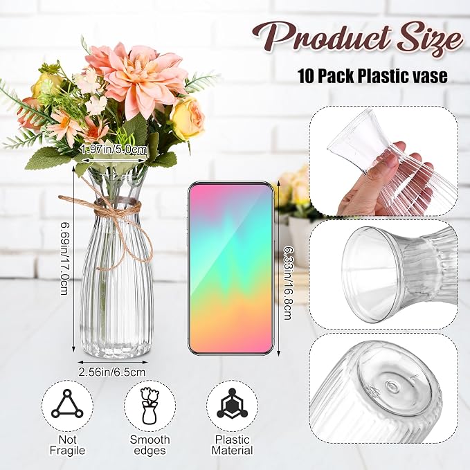 Reallnaive 30 Pack Artificial Flowers Table Centerpieces Decorations with Plastic Vase Wedding Mason Jar 20 Bundles Silk Floral Bouquet 10 Clear Vase with Rope for Party Decor(Dahlia,Champagne)