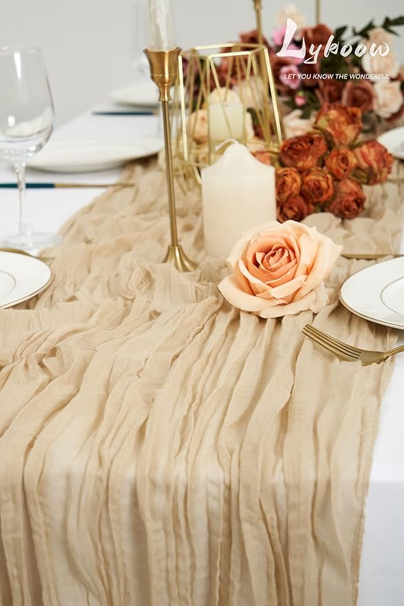 10 Packs Cheesecloth Table Runner Beige, 10Ft Rustic Gauze Boho Wedding Table Runner Decoration, Wedding Table Decor Table Cloth for Wedding Party Bridal Shower Table(35x120 inch)