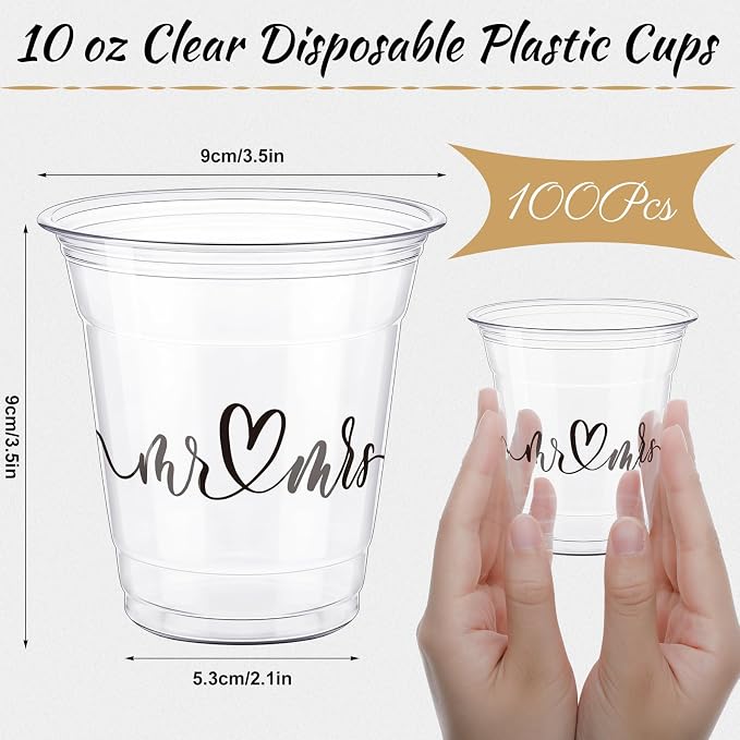 Dandat Disposable Wedding Plastic Cups Bulk 10oz Mr and Mrs Happily Ever After Disposable Clear Reception Drinking Cup for Wedding Reception Bridal Shower Engagement Party(100 Pack,Mr and Mrs)
