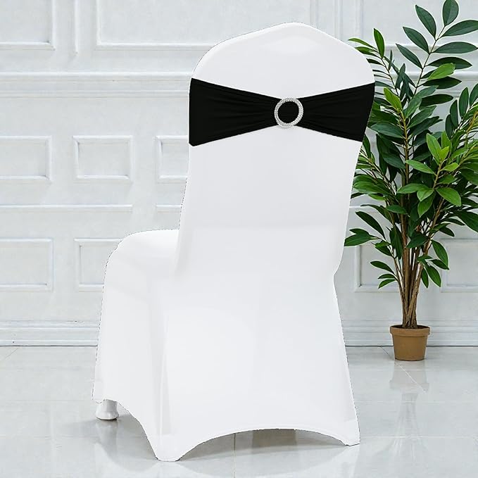 VDS - Black | Spandex Chair Sashes Bows | 300 PCS | Stretch Elastic Banquet Universal Folding Chair Band Tie with Silver Buckle Slider for Wedding Party Conference Celebration Event Decoration