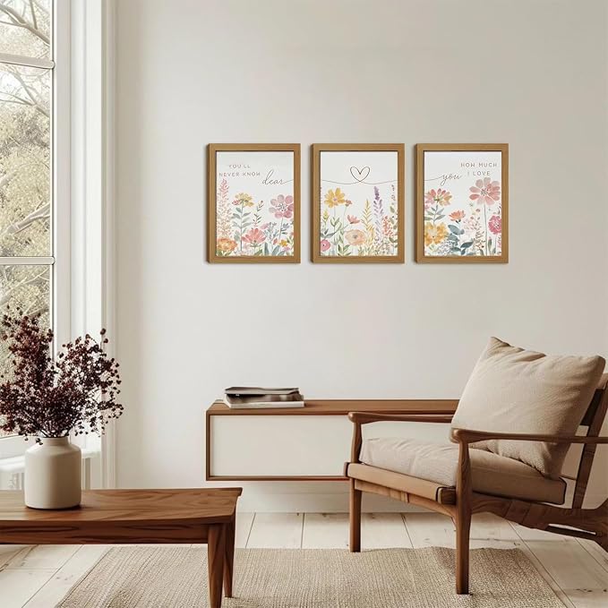 Watercolor Wildflower Wall Art Set of 3, Boho Botanical Flowers Canvas Prints Wall Decor, with Heart Line and romantic song lyrics for couple Gifts and Bedroom Office Home Decor 12x16 In Wood Framed