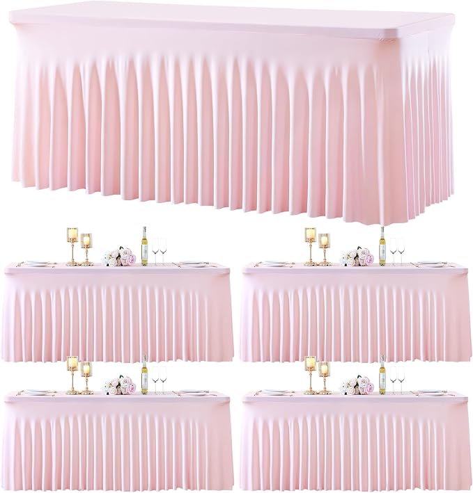 gogoparti 4 Pack Spandex Pink Fitted Table Cloth for 8ft Rectangle Tables Pink Stretch Tablecloth Table Covers Skirt Banquet Tablecloths Wrinkle Free Tablecloth for Parties Wedding