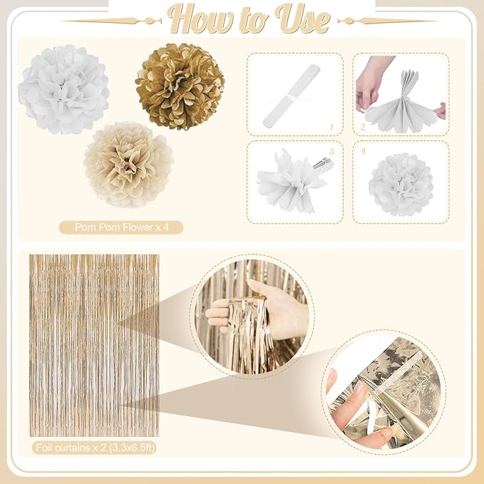 White Gold Birthday Decorations, Beige Gold Party Décor with Foil & Latex Balloons Sash Fringe Curtains Happy Birthday Banner Cake Topper Paper Pompoms Party Decor for Women Girl