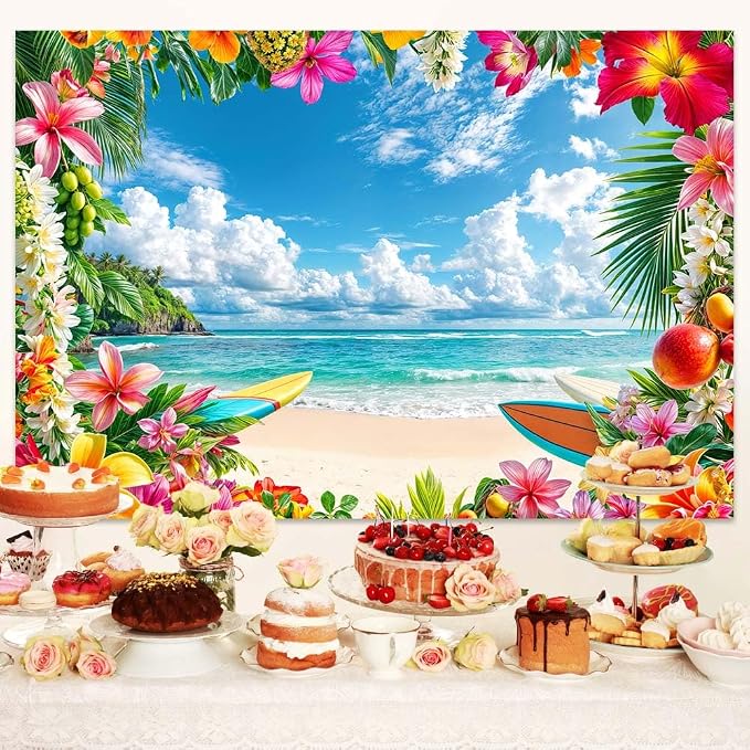 5x3ft Summer Beach Backdrop Tropical Hawaii Palm Tree Floral Photography Backdrops Blue Sea Sky Sunshine Luau Party Photo Background Wedding Bride Shower Baby Birthday Party Banner Supplies Props