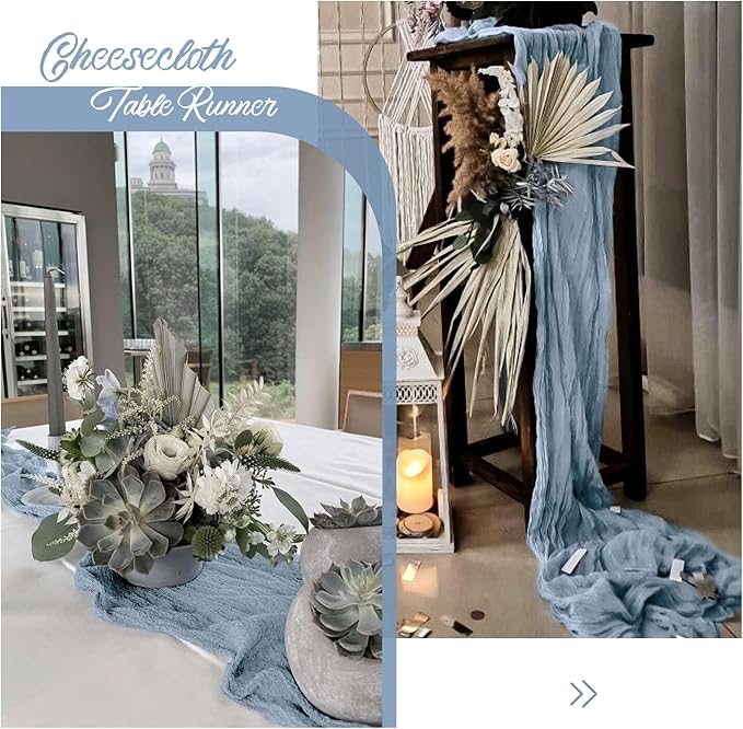 Showgeous 10 Pack Dusty Blue Cheesecloth Table Runner, 10FT Long Semi-Sheer Boho or Rustic Gauze Table Runner Wedding Table Decor for Wedding Arch Draping Bridal Shower Holiday Party