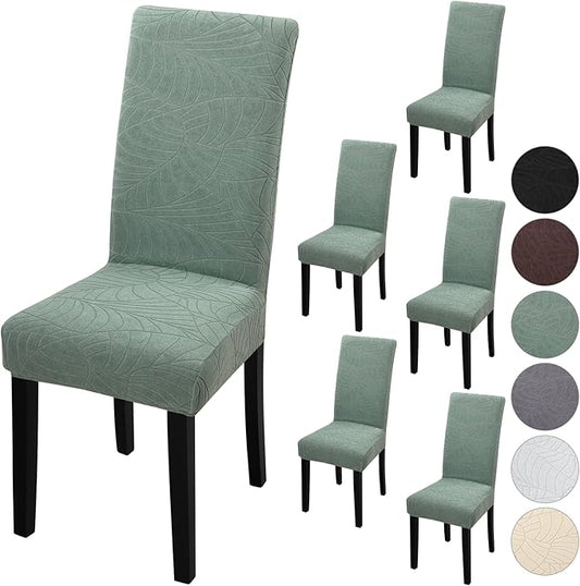 Fuloon Dining Chair Covers 6 Pack, Solid Stretch Washable Kitchen Slip Covers, Jacquard Parson Set (Leaf Jacquard Green)