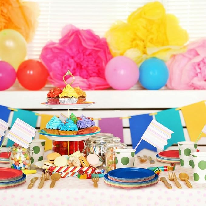 Ziliny 350 Pcs Tea Party Supplies Spring Summer Parties Tableware Set Disposable Plates Napkins Paper Cups Plastic Cutlery Set For Birthday Bridal Baby Shower Serves 50(Cartoon,Colorful)