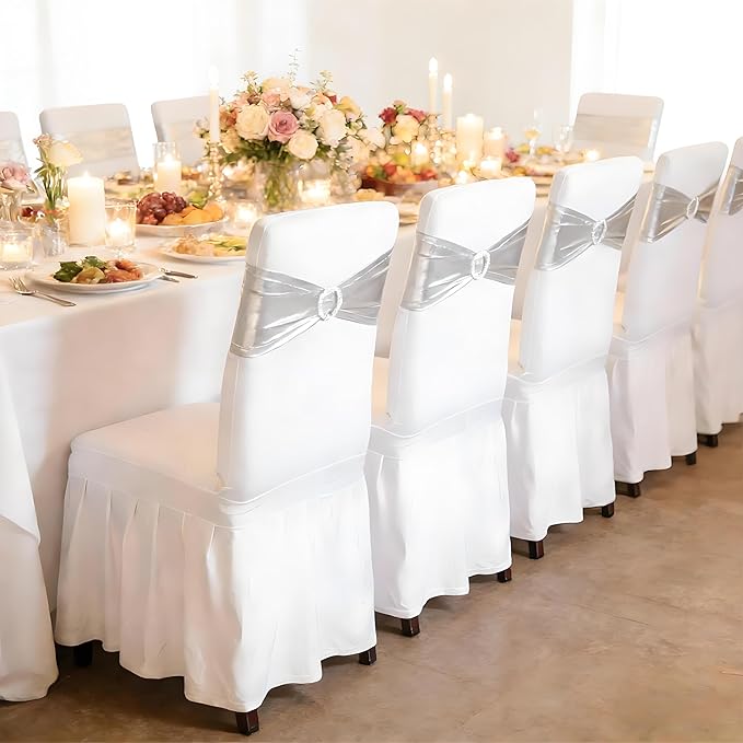 SquarePie 100 PCS Metallic Silver Spandex Chair Sashes - Shiny Stretch Bows with Buckle Slider - No-Tie Universal Elastic Chair Bands for Wedding Reception Party Banquet Event