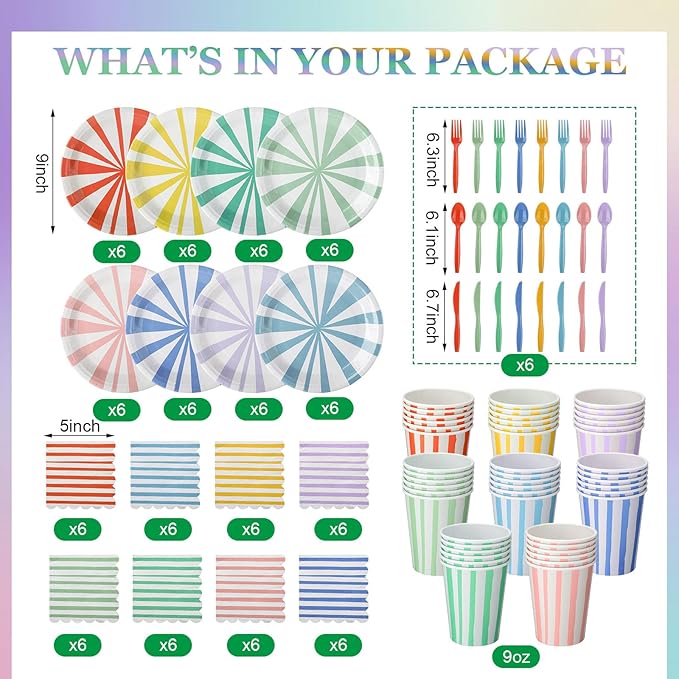 Meanplan 288 Pcs Pastel Striped Party Supplies Include 9 Inch Stripe Paper Plate Cups Paper Napkins Colorful Disposable Tableware Striped Pastel Rainbow Dinnerware Set for Baby Shower Birthday Wedding